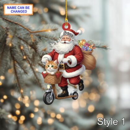 Custom Name Santa Kick Scooter Cat Personalized Ornament