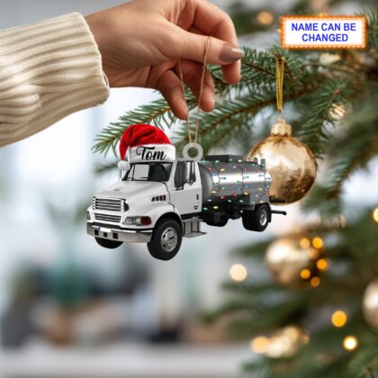 Custom Name Asphalt Distributor Truck With Santa Hat Christmas Lights Ornament - Image 4
