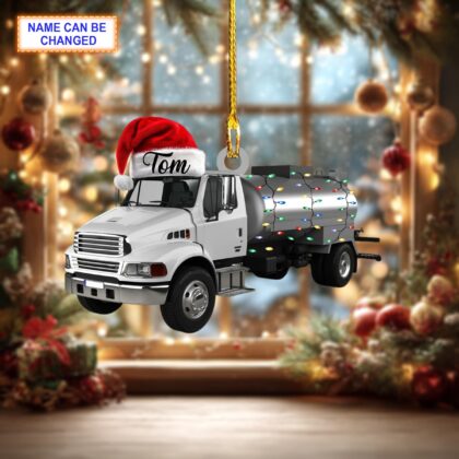 Alternative view of Custom Name Asphalt Distributor Truck With Santa Hat Christmas Lights Ornament