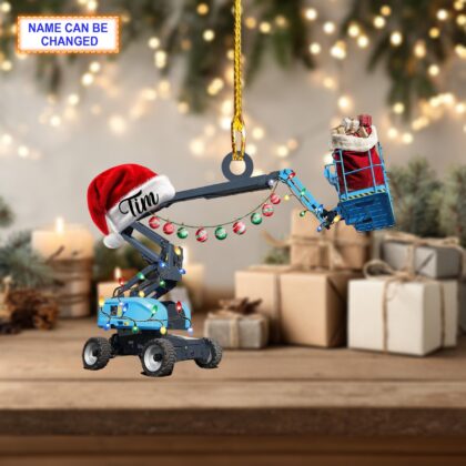 Alternative view of Custom Name Boom Lift With Santa Hat and Christmas Lights Ornament