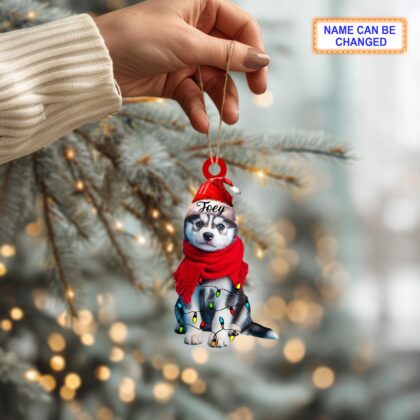 Custom Name Cute Sitting Husky Dog with Santa Hat Christmas Lights Ornament - Image 3