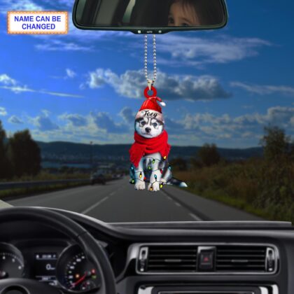 Custom Name Cute Sitting Husky Dog with Santa Hat Christmas Lights Ornament - Image 4