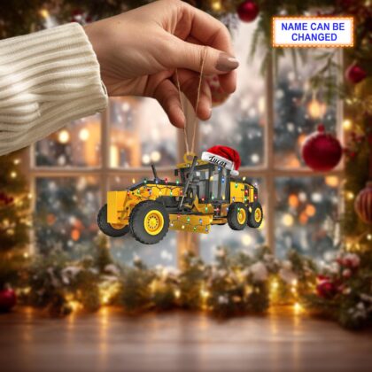 Custom Name Motor Grader With Santa Hat and Christmas Lights Ornament - Image 3