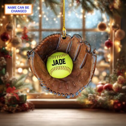 Custom Name Softball and Gloves Personalized Ornament – Christmas Tree Hanging Decor - Image 2