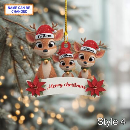 Personalized Reindeer Family Christmas Ornament – Cute Deer Tree Hanging Holiday Decoration with Santa Hats - Image 6