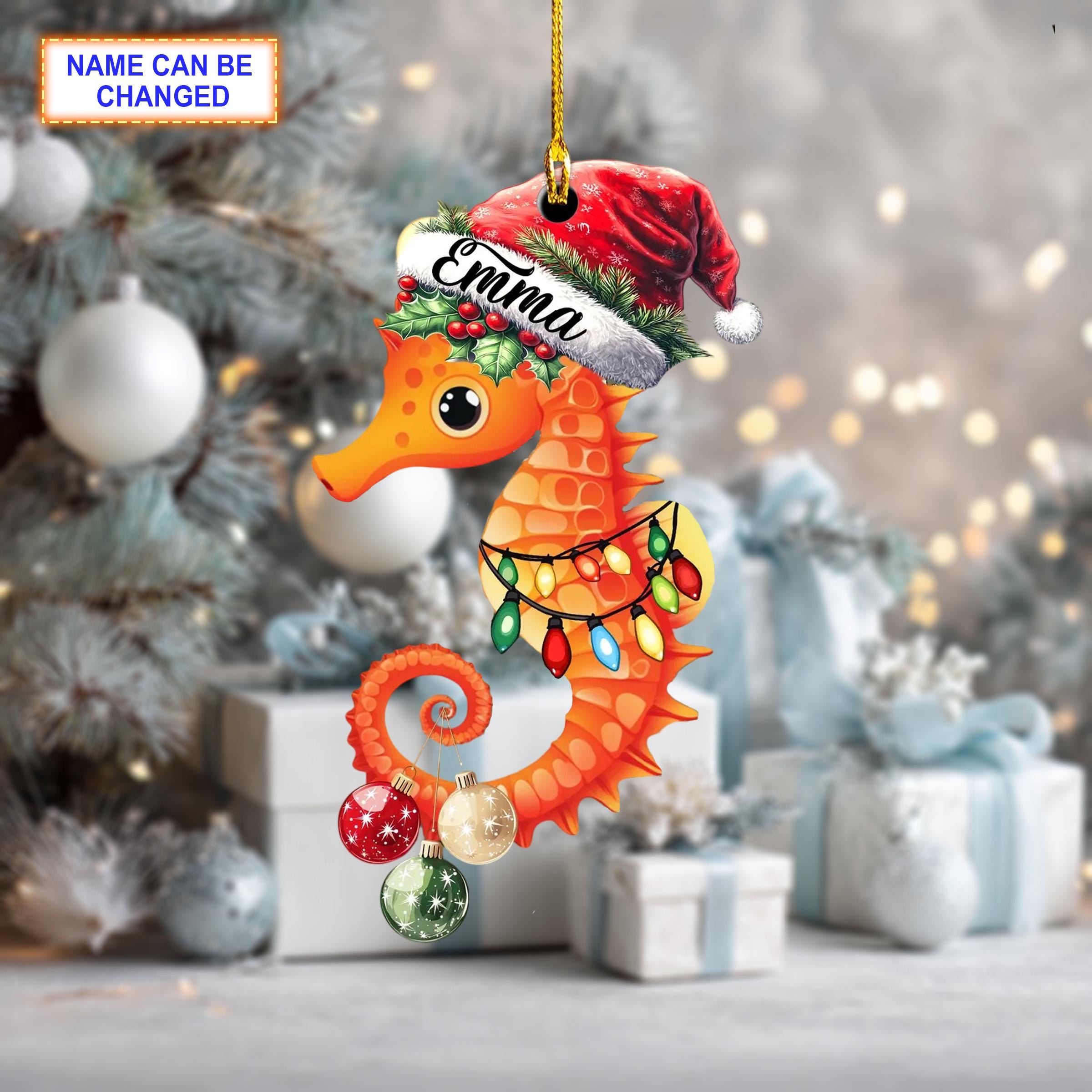 Custom Name Seahorse with Santa Hat and Christmas Lights Ornament - Image 2