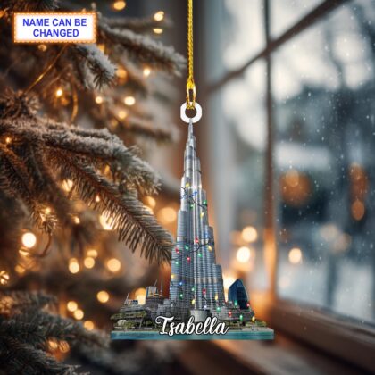 Alternative view of Custom Name Burj Khalifa With Christmas Lights Personalized Ornament
