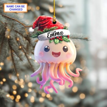 Alternative view of Custom Name Cute Jellyfish Smiling with Santa Hat Personalized Ornament