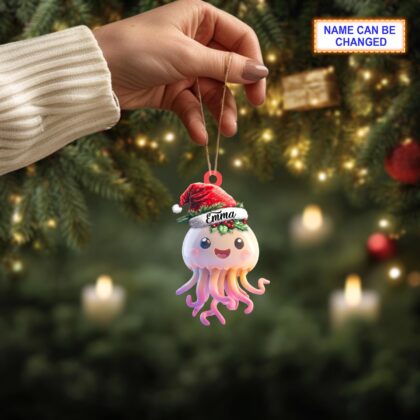Custom Name Cute Jellyfish Smiling with Santa Hat Personalized Ornament - Image 4