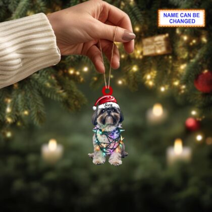 Custom Name Cute Sitting Shih Tzu Dog with Santa Hat Christmas Lights Ornament - Image 4