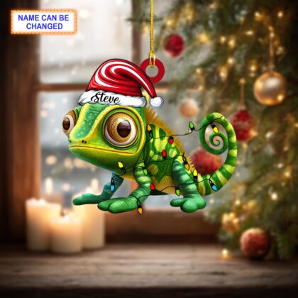 Alternative view of Custom Name Cute Gecko Christmas Chameleon Personalized Ornament