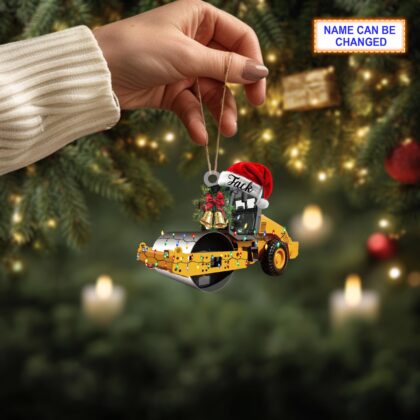 Custom Name Road Roller With Santa Hat and Christmas Lights Ornament - Image 3