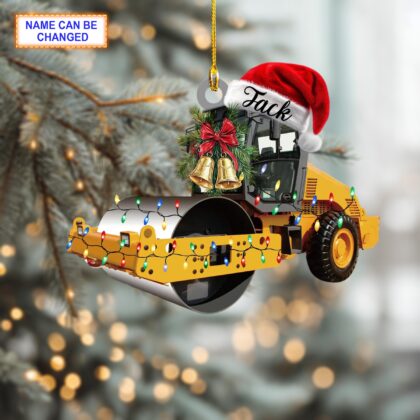 Alternative view of Custom Name Road Roller With Santa Hat and Christmas Lights Ornament