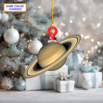 Alternative view of Custom Name Saturn With Santa Hat Personalized Ornament