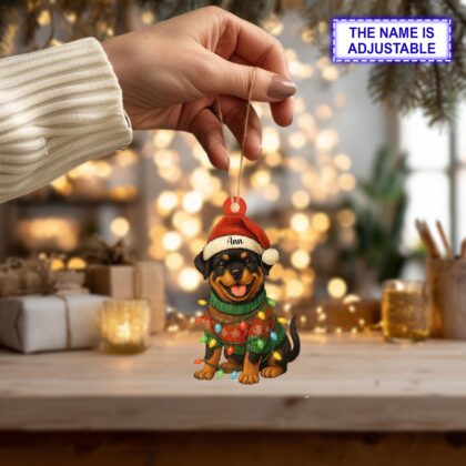 Custom Name Cute Sitting Rottweiler Dog with Santa Hat Christmas Lights Ornament - Image 4