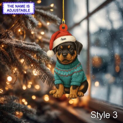 Custom Name Cute Sitting Rottweiler Dog with Santa Hat Christmas Lights Ornament - Image 3