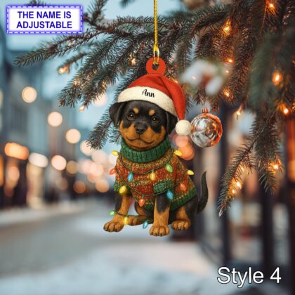Custom Name Cute Sitting Rottweiler Dog with Santa Hat Christmas Lights Ornament - Image 6