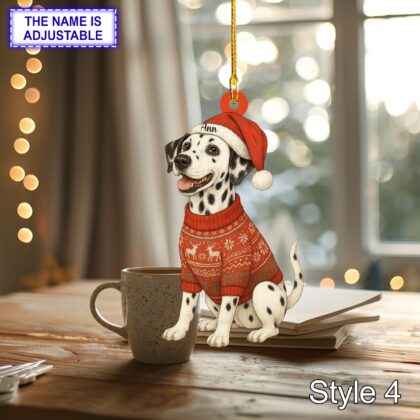 Custom Name Cute Sitting Dalmatian Dog with Santa Hat Christmas Lights Ornament - Image 6