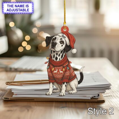 Custom Name Cute Sitting Dalmatian Dog with Santa Hat Christmas Lights Ornament - Image 4