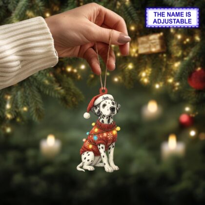 Alternative view of Custom Name Cute Sitting Dalmatian Dog with Santa Hat Christmas Lights Ornament
