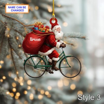 Custom Name Santa Drives Bicycle Personalized Ornament – Christmas Tree Hanging Decor - Image 5