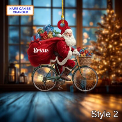 Custom Name Santa Drives Bicycle Personalized Ornament – Christmas Tree Hanging Decor - Image 4