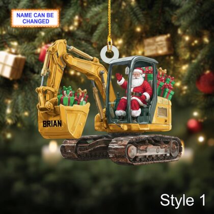 Custom Name Santa Drives Excavator Personalized Ornament