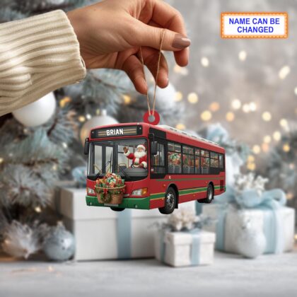 Alternative view of Custom Name Santa Drives Bus Personalized Ornament – Christmas Tree Hanging Decor