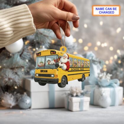 Custom Name Santa Drives School Bus Personalized Ornament - Image 2