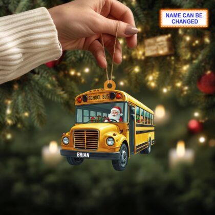 Custom Name Santa Drives School Bus Carrying Gifts Ornament - Image 3
