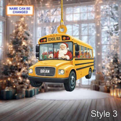 Custom Name Santa Drives School Bus Carrying Gifts Ornament - Image 5