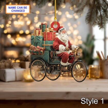 Custom Name Santa Drives Cyclo Personalized Ornament – Christmas Tree Hanging Decor