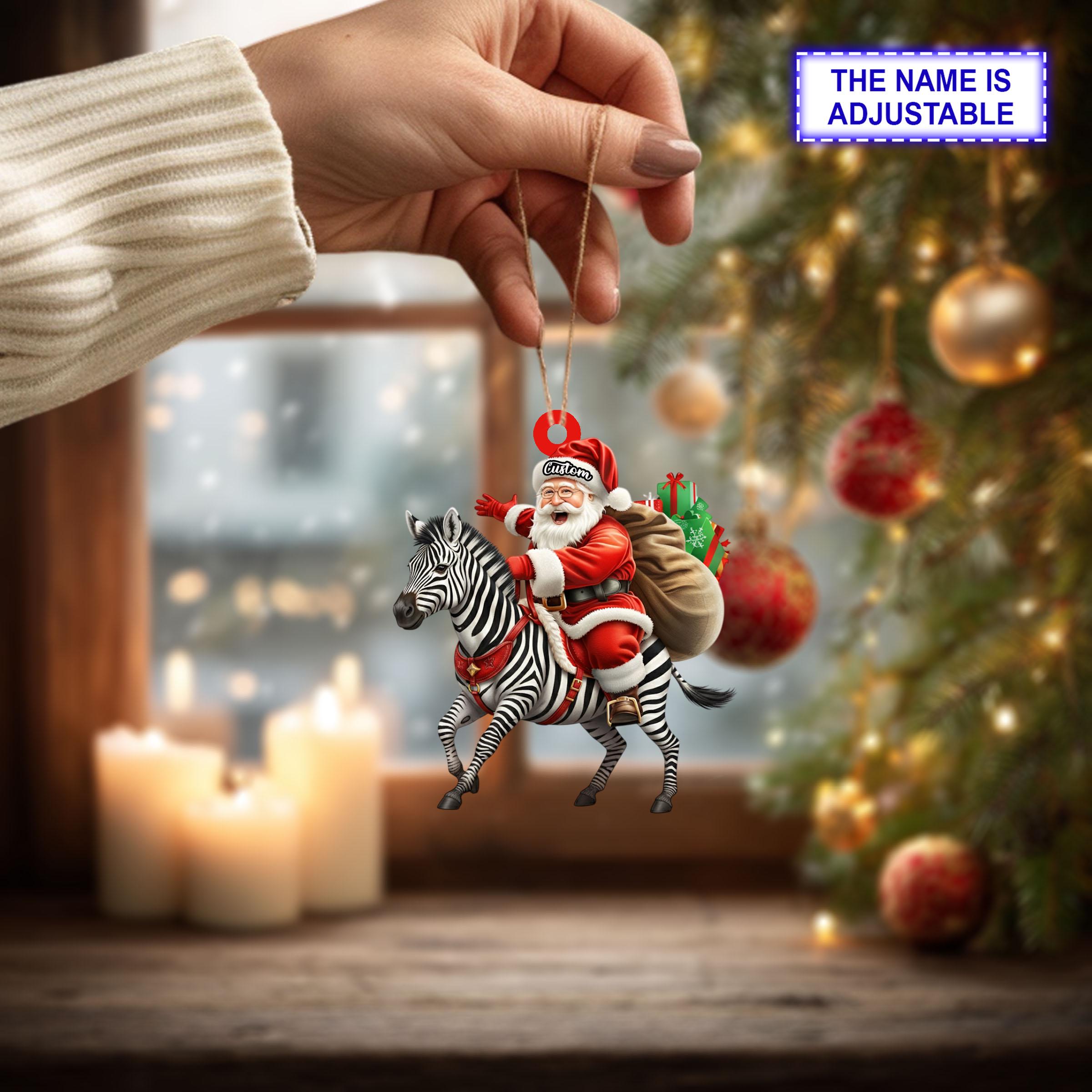 Santa riding Zebra acrylic 2D flat Christmas ornament – festive tree hanging acrylic holiday decoration - Image 2
