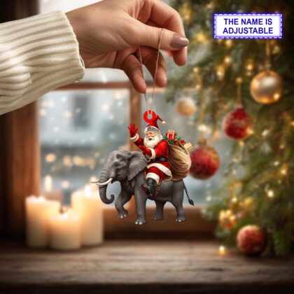 Alternative view of Santa riding Elephant acrylic 2D flat Christmas ornament