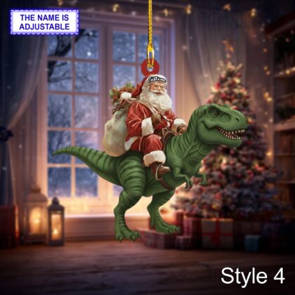 Santa riding T-Rex acrylic 2D flat Christmas ornament – festive tree hanging acrylic holiday decoration - Image 6