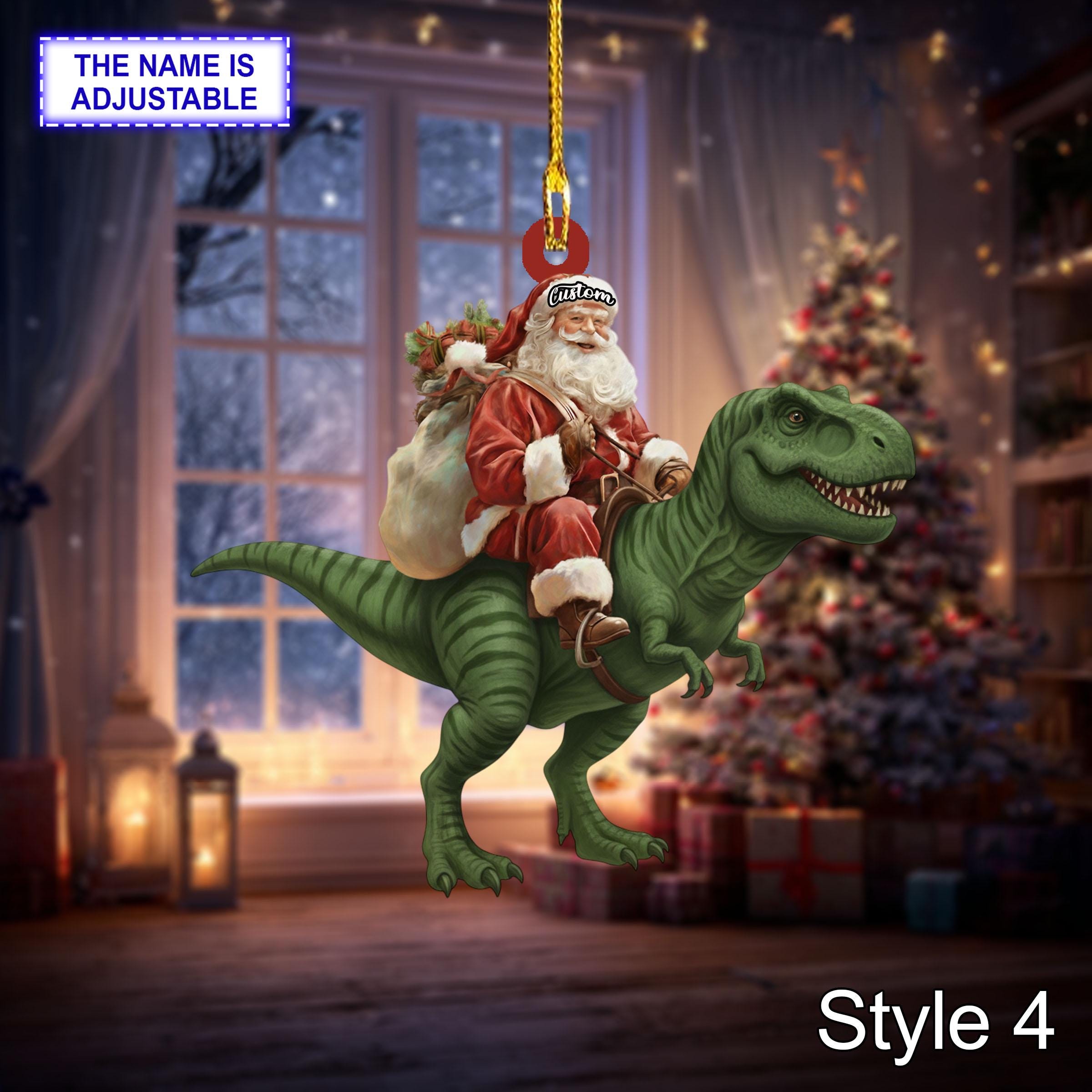Santa riding T-Rex acrylic 2D flat Christmas ornament – festive tree hanging acrylic holiday decoration - Image 6