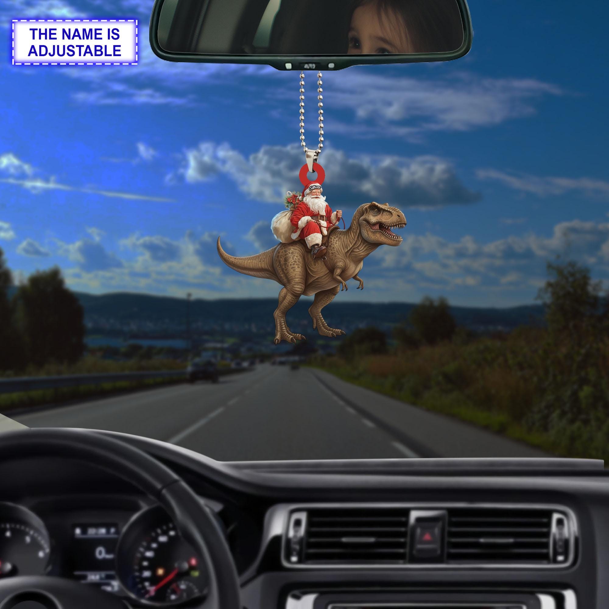 Santa riding T-Rex acrylic 2D flat Christmas ornament – festive tree hanging acrylic holiday decoration - Image 3