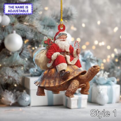 Santa riding Sea Turtle acrylic 2D flat Christmas ornament