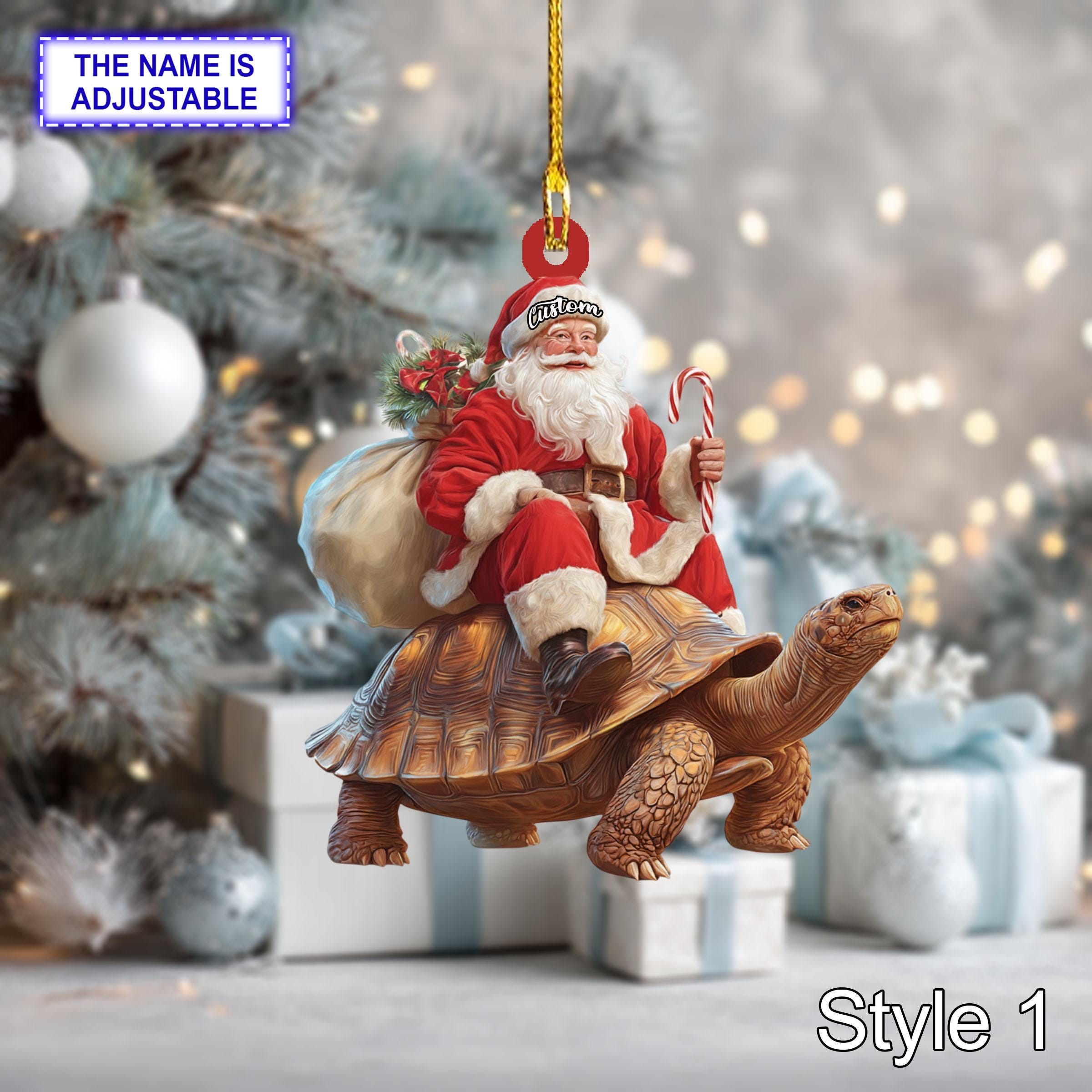 Santa riding Sea Turtle acrylic 2D flat Christmas ornament
