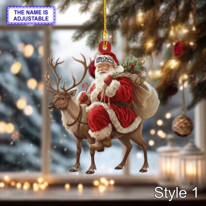 Santa riding Reindeer acrylic 2D flat Christmas ornament