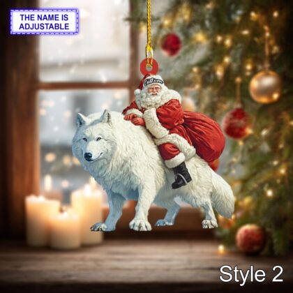 Alternative view of Santa riding Wolf acrylic 2D flat Christmas ornament – festive tree hanging acrylic holiday decoration