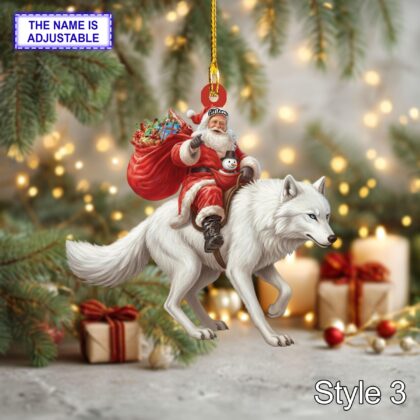 Santa riding Wolf acrylic 2D flat Christmas ornament – festive tree hanging acrylic holiday decoration - Image 5
