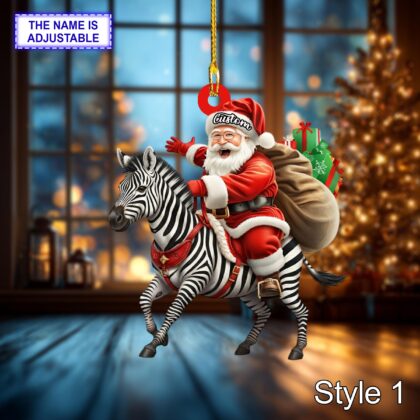 Santa riding Zebra acrylic 2D flat Christmas ornament – festive tree hanging acrylic holiday decoration