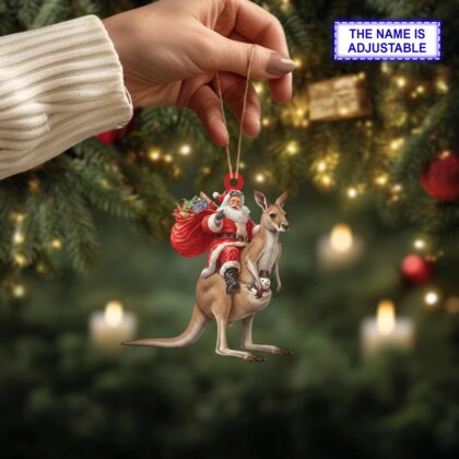 Alternative view of Santa riding Kangaroo acrylic 2D flat Christmas ornament