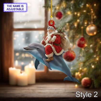 Santa riding Dolphin acrylic 2D flat Christmas ornament - Image 4