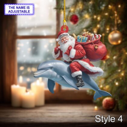 Santa riding Dolphin acrylic 2D flat Christmas ornament - Image 6