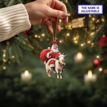 Alternative view of Santa riding Mountain Goat acrylic 2D flat Christmas ornament