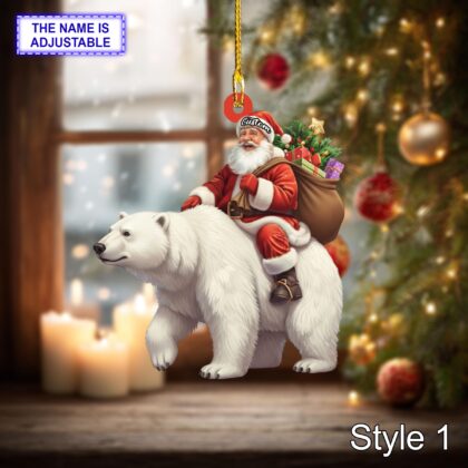 Santa riding Polar Bear acrylic 2D flat Christmas ornament