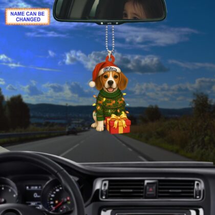 Custom Name Cute Sitting Beagle Dog with Santa Hat Christmas Lights Ornament - Image 3