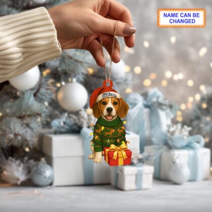 Alternative view of Custom Name Cute Sitting Beagle Dog with Santa Hat Christmas Lights Ornament